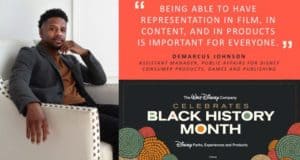Disney Cast Member seated in a lounge area beside signage celebrating Black History Month, with messages about the power of representation and stories from fellow Cast Members featured prominently—an inspiring reminder for Disney Parks guests of the magic behind the scenes.