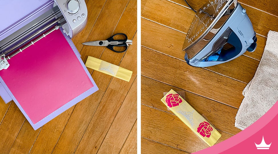 A vinyl cutting machine, scissors, and pink vinyl sit alongside an iron and a yellow bandana on a wooden floor—ideal supplies for crafting your own runDisney-inspired headband, letting you channel those magical Disney Princess vibes at the next race weekend.
