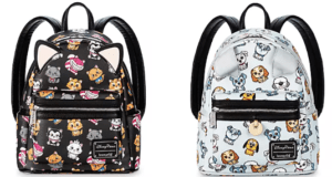 Two playful Loungefly backpacks inspired by your favorite theme park animal pals—one in classic black, one in crisp white—each with 3D ears and whimsical faces, adorned with charming cartoon prints of beloved dogs and cats straight from the Disney universe.