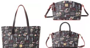 Dooney & Bourke brings Disney magic to your wardrobe with three black handbags featuring vibrant, cartoon-style prints inspired by Epcot’s Italy Pavilion, each accented with a signature gold label and displayed on a crisp white backdrop.