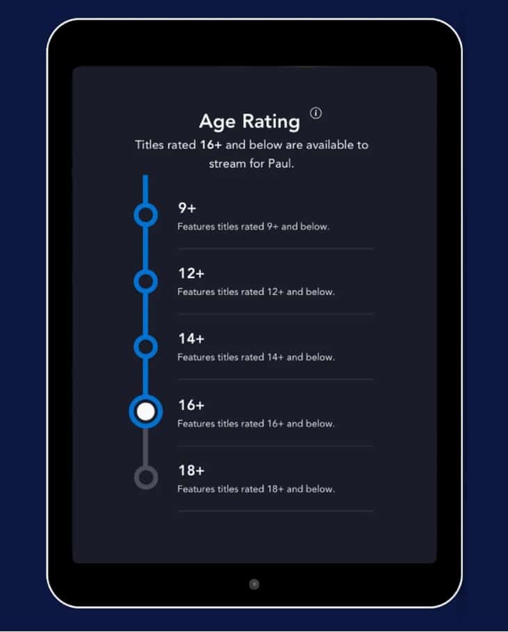 An iPad displays age rating options—9+, 12+, 14+, 16+, and 18+—making it easy for families visiting Disney resorts to set Parental Controls for streaming content on Disney+ and other platforms during their stay.