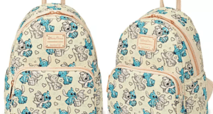 Disney Loungefly cream backpacks adorned with playful Stitch and Angel artwork, whimsical heart accents, tan zippers, and the classic Loungefly badge—ideal for your next day at Disneyland or Disney World.