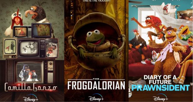 Three parody posters on display at a Muppet-themed attraction: Camilla, Kermit as "The Frogdalorian," and additional fan-favorite Muppets—bringing Disney+ originals and the playful spirit of the Muppets to theme park fans and entertainment lovers alike.