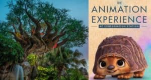 The iconic Tree of Life at Disney’s Animal Kingdom, featuring intricate carvings of animals in its trunk, stands beside a vibrant poster showcasing Tuk Tuk, the cheerful armadillo character from Raya and the Last Dragon, inviting guests to experience The Animation Experience.