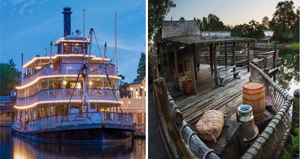 The Liberty Square Riverboat, illuminated against the evening sky, cruises past the charming Tom Sawyer Island dock at Magic Kingdom as the sun sets over Walt Disney World.