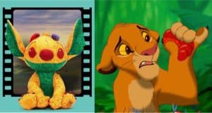On the left, a Stitch plush in patchwork style channels a playful Disney collectible, while on the right, Simba the lion cub encounters a red grub in an animated jungle—a creative tribute to The Lion King and Series 3 of Stitch Crashes Disney.