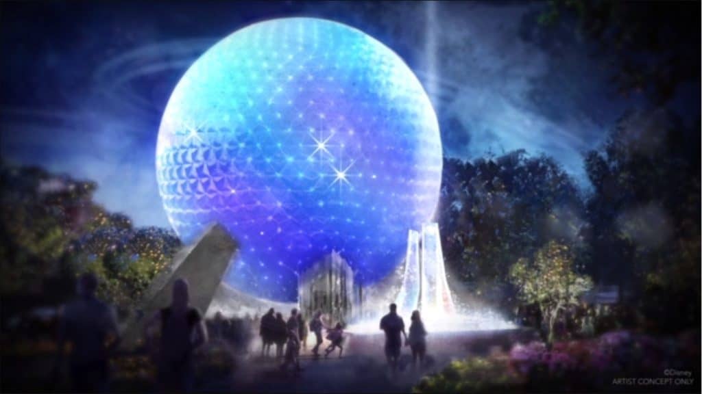Spaceship Earth radiates a brilliant blue glow, its geodesic form illuminated with stunning light effects and surrounded by dancing fountains, as crowds gather beneath the night sky to celebrate Walt Disney World's 50th Anniversary and witness the dazzling transformation of this beloved park icon.