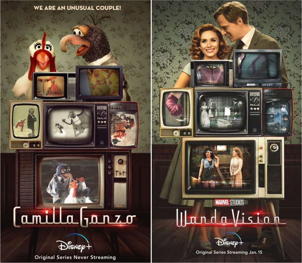 Posters side by side in a Disney+ Originals lineup: The Muppets’ Camilla and Gonzo ready for fun, next to Marvel’s WandaVision with retro TV screens and iconic Marvel characters, inviting fans into magical worlds like those experienced at Disney parks.