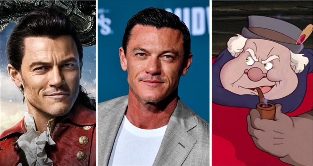 Luke Evans as Gaston in full costume, Luke Evans dressed stylishly in a suit, and the animated Honest John character from Disney’s Pinocchio enjoying a pipe, all featured together in a vibrant three-part collage celebrating Luke Evans’ roles in Disney’s live-action Pinocchio and the Gaston & LeFou Series.