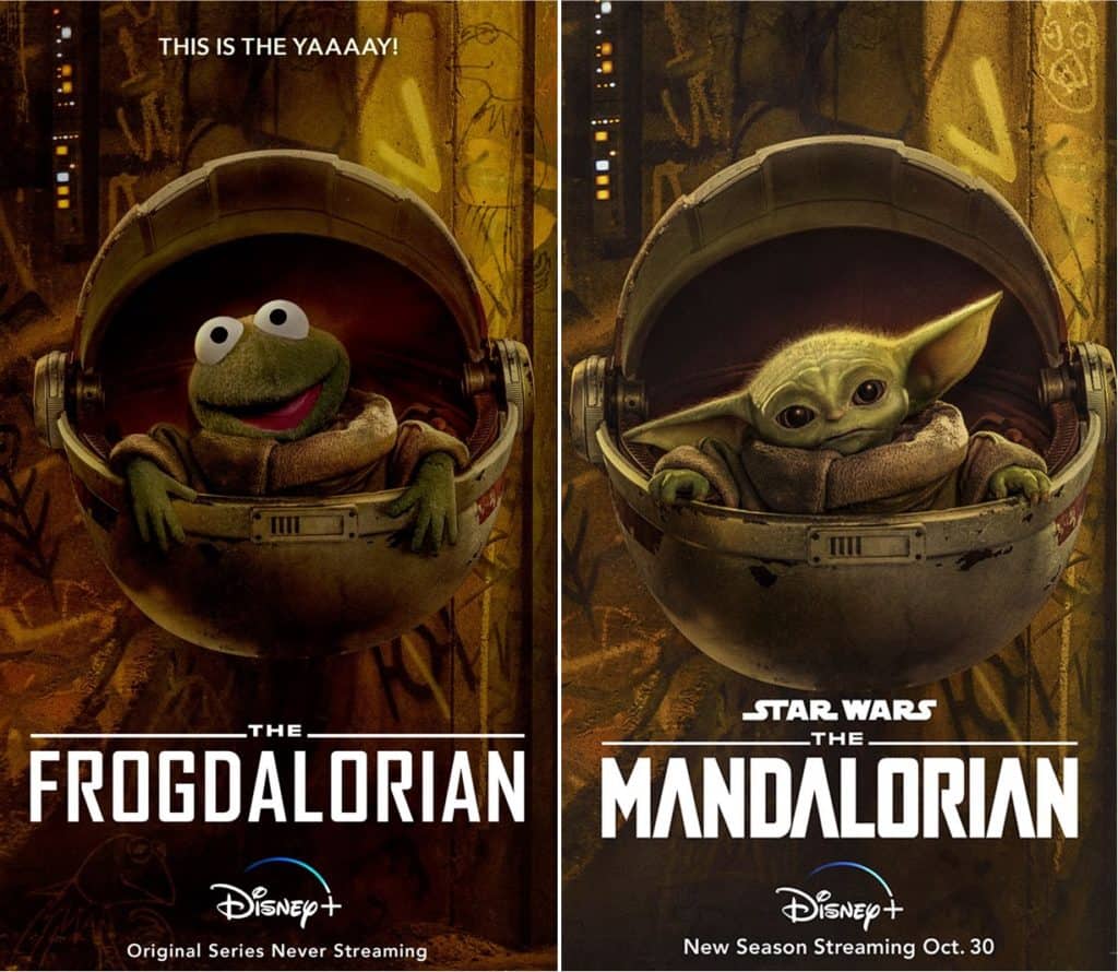 Kermit the Frog takes on a Star Wars twist as "The Frogsalorian" in his own pod, playfully referencing The Muppets. Next to him, Grogu (Baby Yoda) sits in his pod from "The Mandalorian." Both appear as Disney+ Originals posters, merging iconic characters for fans of Disney and themed entertainment.