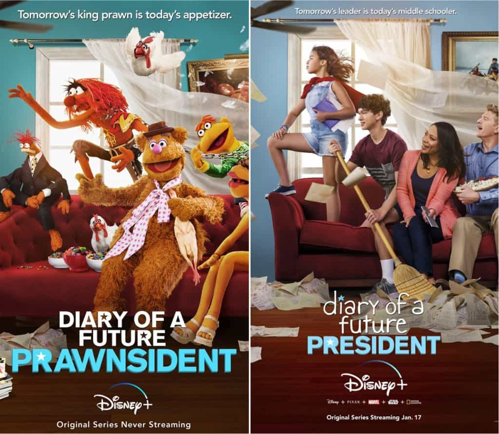Left poster: The Muppets enjoy pizza together, bringing their classic chaos and fun. Right poster: A young girl stands proudly on the couch with her family, ready to take on new adventures. Both feature the “Diary of a Future President” title and invite Disney+ fans to experience heartwarming stories with favorite characters like the Muppets, straight from your favorite Disney entertainment destinations.