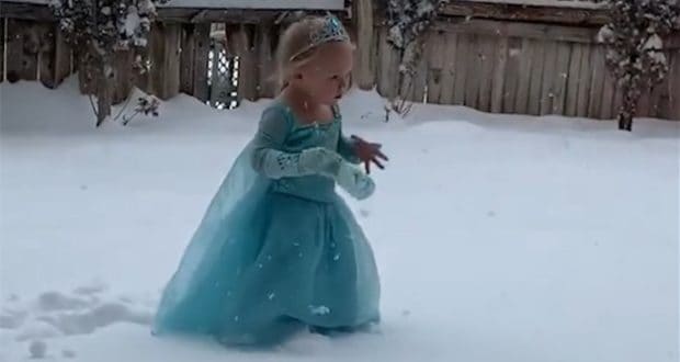 Elsa, wearing her sparkling tiara and signature dress, enjoys a magical moment in the snow by a wooden fence—straight out of "Let It Go," ready for her next adventure at Arendelle.