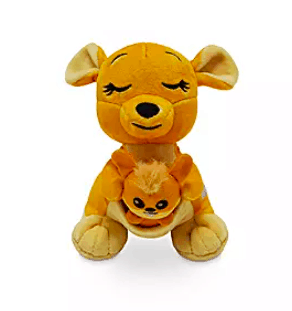 Wishables kangaroo plush with dreamy closed eyes, cuddling a tiny joey in its pouch, set against a bright white background—part of the delightful shopDisney Wishables series celebrating the whimsical spirit of it's a Small World at Disney Parks.