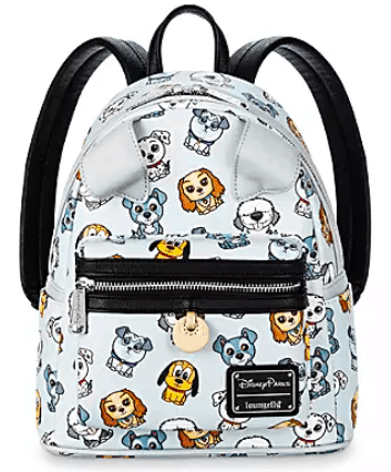 Light blue Loungefly backpack adorned with playful cartoon Disney dogs and cats, complete with black straps, a front zip pocket, and the iconic Disney Parks Loungefly badge—perfect for showing off your love of Disney during your next day at the parks.