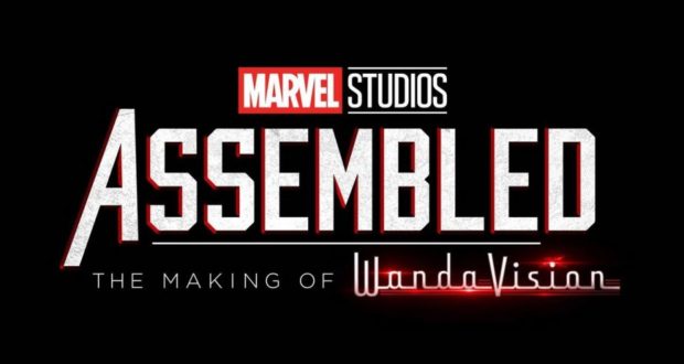Marvel Studios Assembled: The Making of WandaVision logo appears against a dramatic black backdrop, inviting Disney+ fans to experience the behind-the-scenes magic of Marvel Assembled—just like stepping into an immersive attraction celebrating Marvel's cinematic universe.