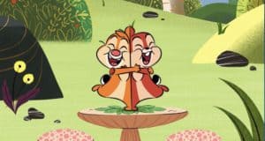 Chip 'n' Dale, the beloved animated duo from Disney's Park Life, stand back to back with cheerful grins atop a whimsical mushroom in a vibrant, storybook-like forest clearing—capturing the playful spirit fans love at Disney theme parks and on Disney+.