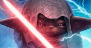 Grogu, dressed in his iconic hooded cloak, wields a glowing red lightsaber surrounded by dramatic blue lightning—bringing the cinematic energy of Star Wars to life in an epic, comic-style scene that teases fans with the mysterious origins of everyone’s favorite galactic guest.