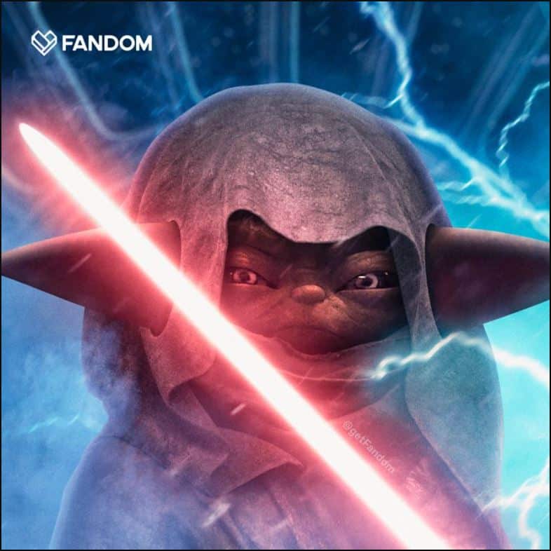 Grogu, dressed in his iconic hooded cloak, wields a glowing red lightsaber surrounded by dramatic blue lightning—bringing the cinematic energy of Star Wars to life in an epic, comic-style scene that teases fans with the mysterious origins of everyone’s favorite galactic guest.
