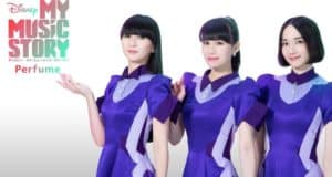 Three performers in coordinating purple dresses stand together in front of the Disney+ "My Music Story Perfume" logo, set against a bright white backdrop, bringing the excitement of Disney entertainment to life.