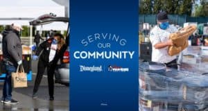 Costumed cast members at the park, all in themed masks, hand out snacks and fun park merchandise alongside partner organizations, as a colorful "Serving Our Community" banner brings extra magic to the scene.