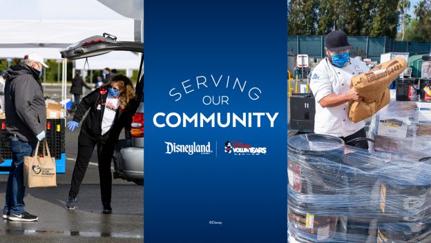 Costumed cast members at the park, all in themed masks, hand out snacks and fun park merchandise alongside partner organizations, as a colorful "Serving Our Community" banner brings extra magic to the scene.