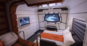 Star Wars: Galactic Starcruiser hotel room featuring a space-inspired window, interactive display screens, and sleek modern bed, capturing the fully immersive atmosphere curated by the Hotel Services Director for fans seeking an out-of-this-world Disney experience.