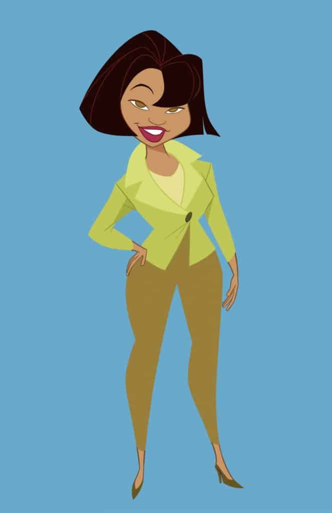 A stylish animated character from The Proud Family: Louder and Prouder, featuring short dark hair, a green jacket, tan pants, and heels, smiles brightly in front of a bold blue backdrop—showcasing the show’s colorful Disney+ animation aesthetic that fans of Disney entertainment love.