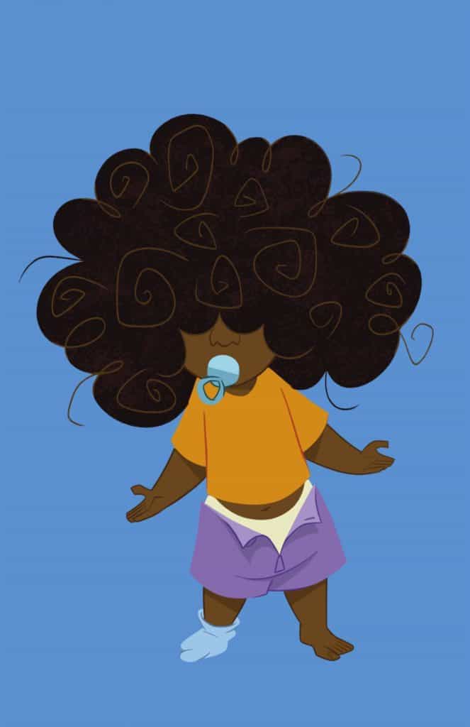 A playful toddler character from The Proud Family: Louder and Prouder, with big curly hair, a pacifier, bright orange shirt, purple shorts, and a single sock, set against a vibrant blue background—capturing the fun and lively atmosphere fans experience with Disney+ family entertainment.