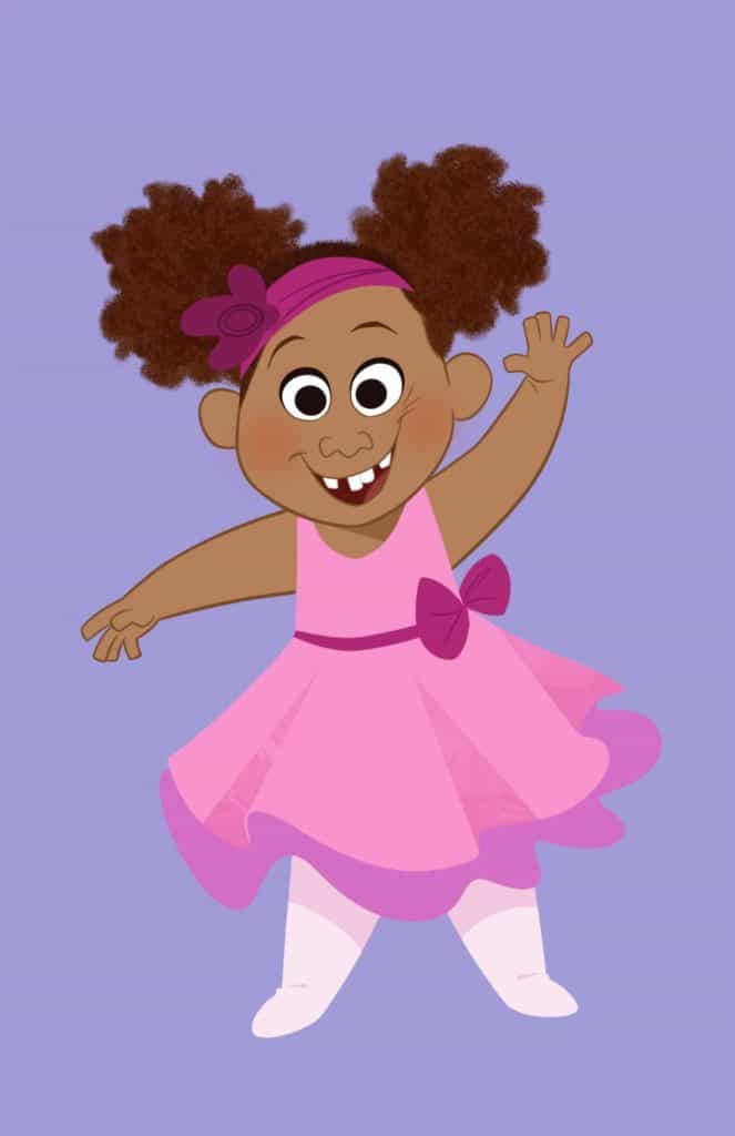 Penny Proud from The Proud Family: Louder and Prouder greets fans with a wave and bright smile, dressed in her signature pink dress and headband against a vibrant purple backdrop, capturing the fun spirit of Disney+ entertainment.