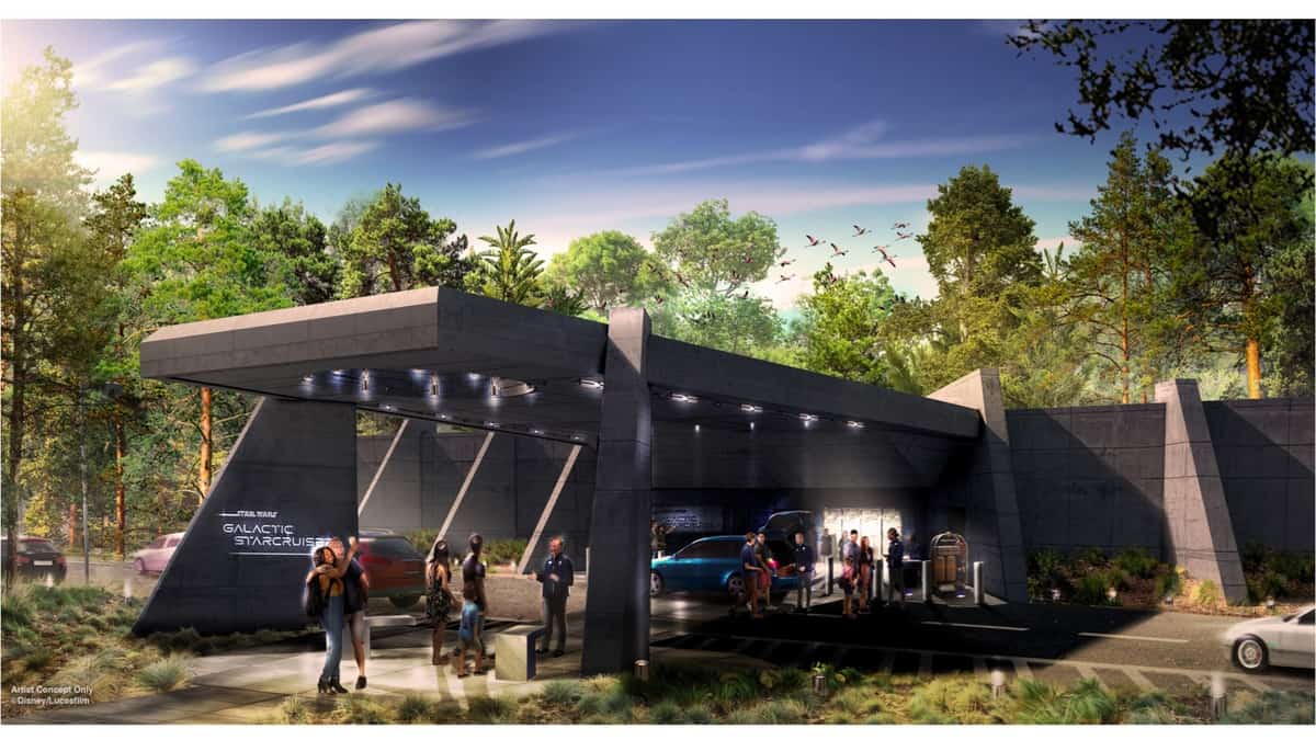 Guests gather outside the sleek, Star Wars: Galactic Starcruiser hotel, surrounded by lush trees and parked vehicles, eagerly awaiting their next adventure or guidance from the Hotel Services Director before entering this immersive Disney experience.