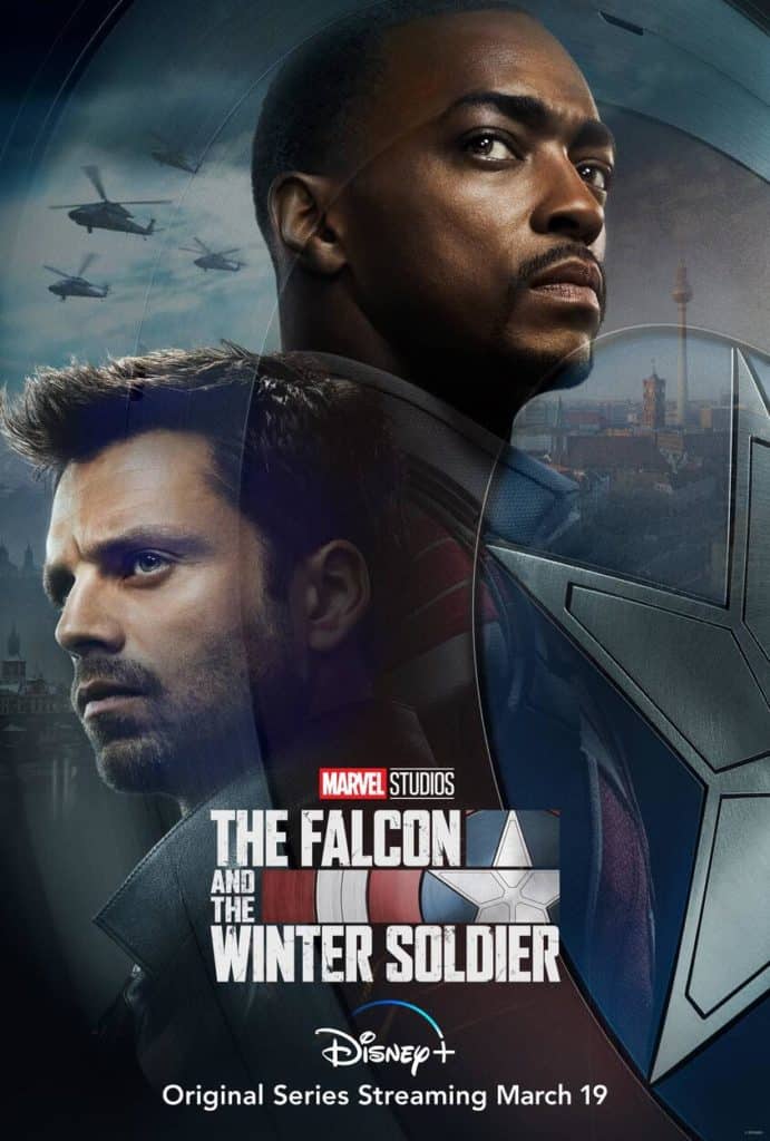 Two Marvel heroes pose back-to-back with an action-packed city skyline, whirring helicopters, and the iconic Captain America shield behind them—a cinematic scene from a blockbuster Disney+ March premiere sure to thrill fans of Disney Parks and epic adventures.