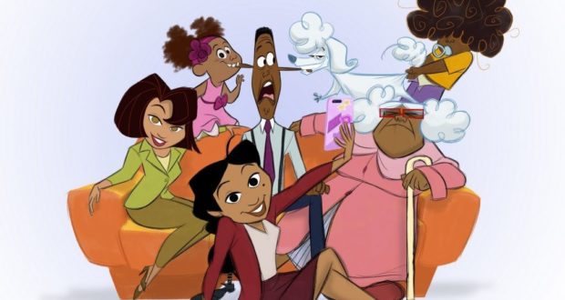 The Proud Family gathers on an orange couch at Disney+, grinning for a lively selfie moment with Penny in the spotlight, capturing the fun spirit of The Proud Family: Louder and Prouder as if they're part of the entertainment magic themselves.
