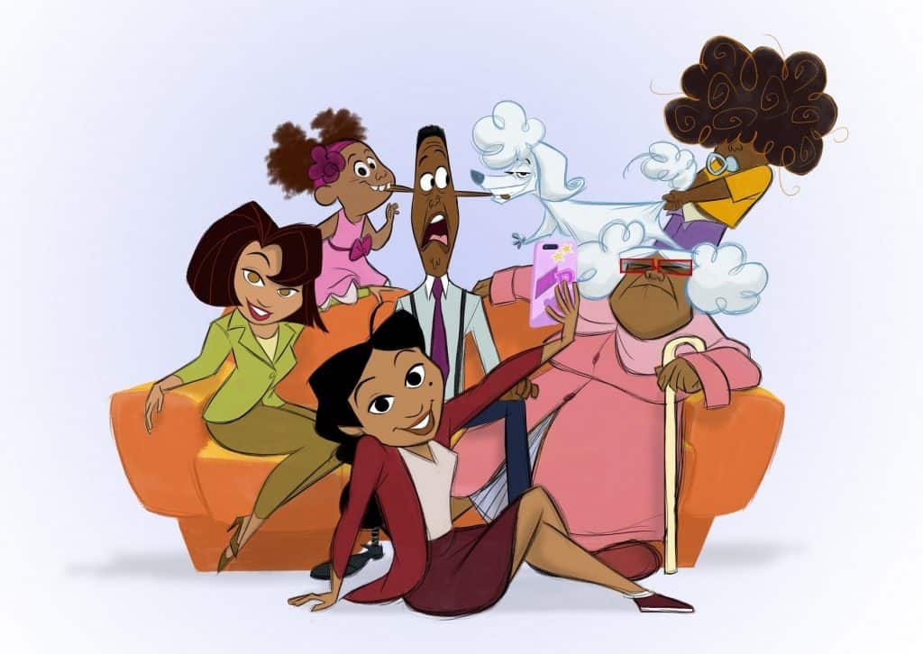 The Proud Family gathers on an orange couch at Disney+, grinning for a lively selfie moment with Penny in the spotlight, capturing the fun spirit of The Proud Family: Louder and Prouder as if they're part of the entertainment magic themselves.