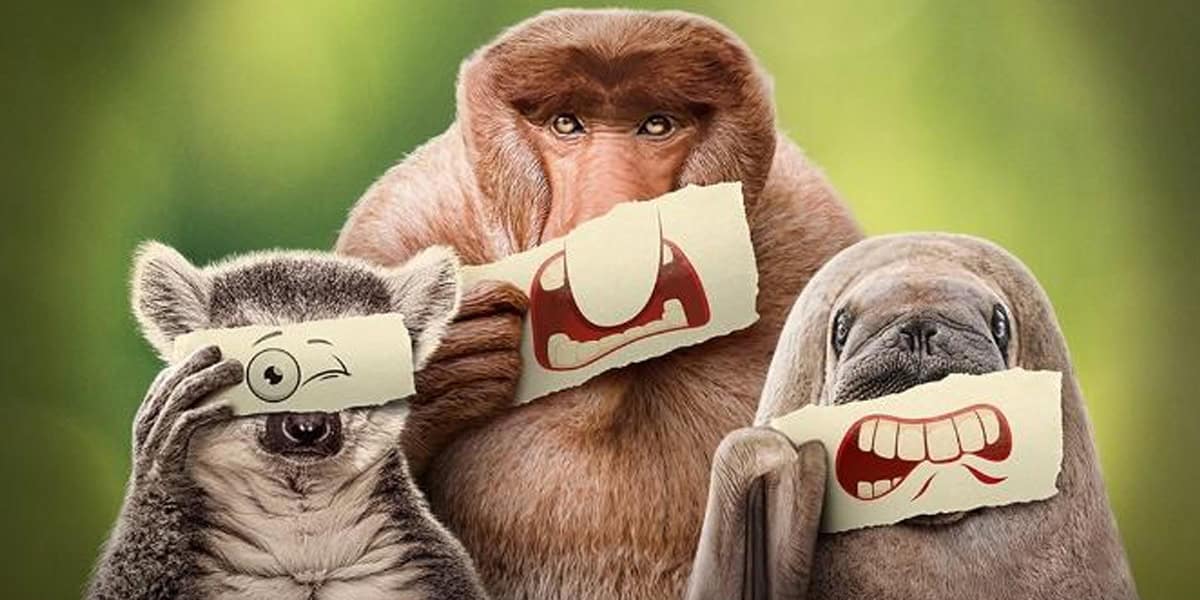 Three animals—a lemur, a monkey, and a manatee—hold pieces of paper with cartoon eyes or mouths in front of their faces, creating funny and exaggerated expressions reminiscent of characters from Disney Plus Shows, against a blurred green background.