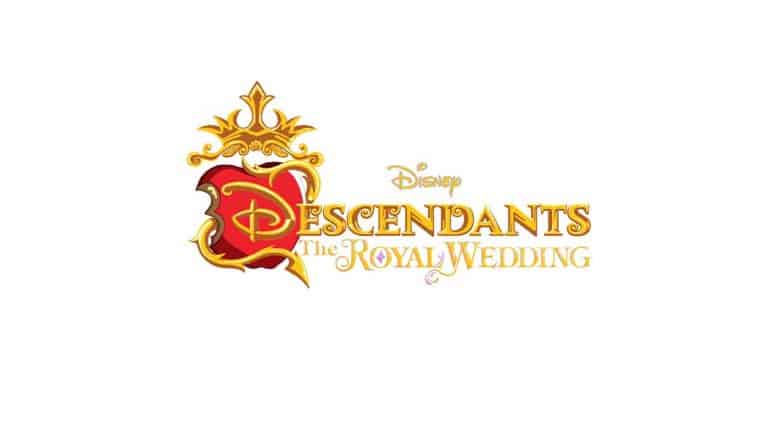Disney Descendants: The Royal Wedding logo featuring a crown and red shield set against a white background, capturing the excitement of this Disney Channel event as seen in exclusive merchandise and park displays.