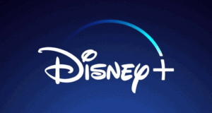 Disney+ logo in bold white lettering with a signature blue arc above, set against a dark blue gradient background reminiscent of magical nights at Disney parks, capturing the excitement and global connection found in Disney’s entertainment destinations.