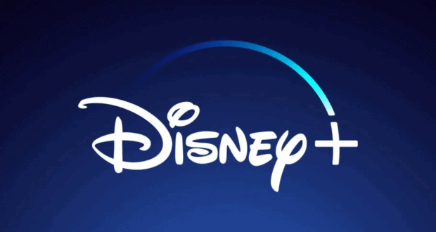 Disney+ logo in bold white lettering with a signature blue arc above, set against a dark blue gradient background reminiscent of magical nights at Disney parks, capturing the excitement and global connection found in Disney’s entertainment destinations.