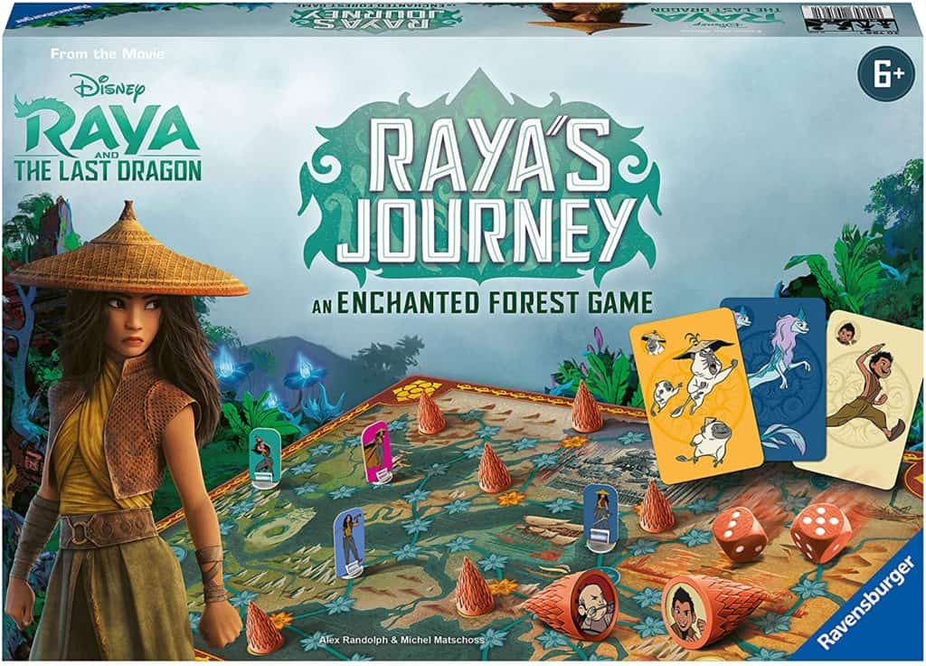The box for "Raya's Journey: An Enchanted Forest Game" by Ravensburger showcases Raya leading the adventure through a vibrant, theme park-style map inspired by the classic Enchanted Forest Board Game, along with exclusive game tokens and cards that bring the magical world of Kumandra to life.