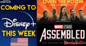 Disney+ promotion spotlighting thrilling new streaming arrivals like "OWN THE ROOM" and "ASSEMBLED: WandaVision," set against a backdrop featuring the U.S. flag, inviting fans of Disney parks and entertainment to enjoy the latest magical content from home.
