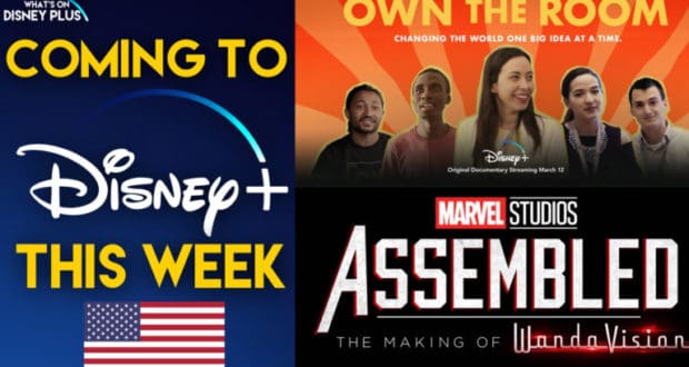 Disney+ promotion spotlighting thrilling new streaming arrivals like "OWN THE ROOM" and "ASSEMBLED: WandaVision," set against a backdrop featuring the U.S. flag, inviting fans of Disney parks and entertainment to enjoy the latest magical content from home.