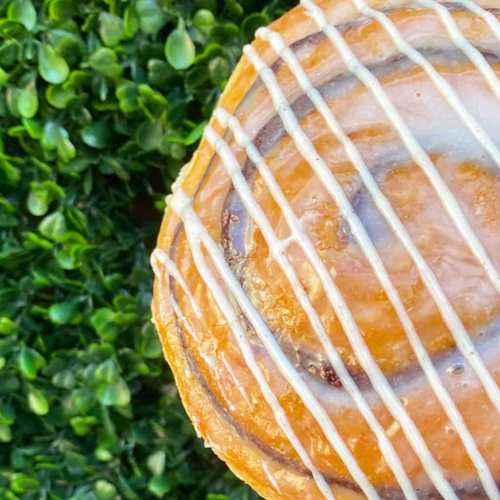 Everglazed Donuts’ iced cinnamon roll topped with white drizzle, set against lush green foliage at Disney Springs—an irresistible Disney treat for your snack list.