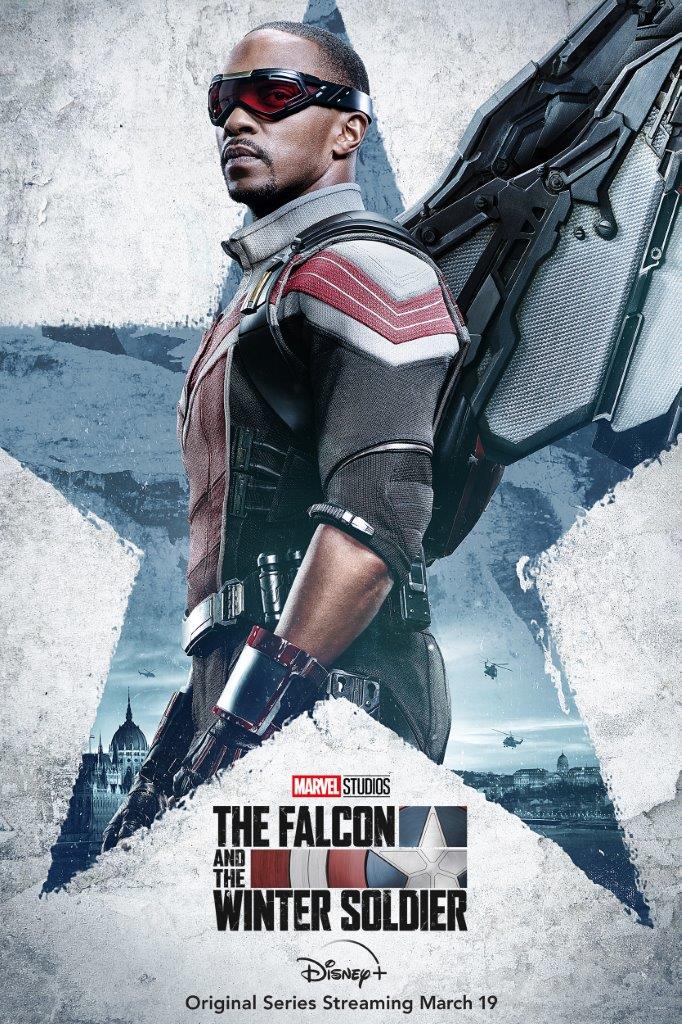 Sam Wilson as The Falcon takes center stage in a dynamic promo image, showcasing his high-tech winged suit as he strikes a heroic pose before a shining star, with "The Falcon and the Winter Soldier" logo featured below—capturing the excitement of this Marvel Studios adventure.