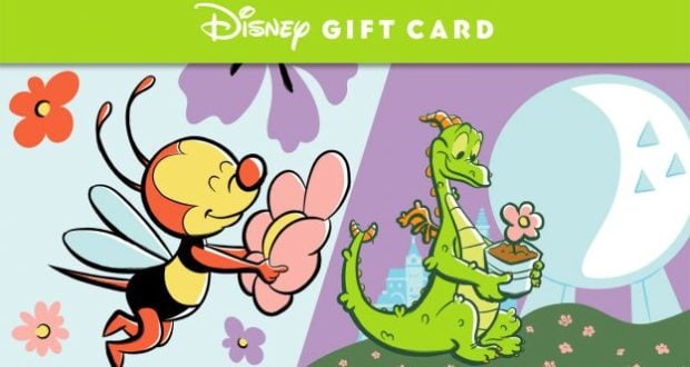A playful cartoon bee from Epcot’s iconic garden displays wraps its arms around a vibrant flower, while the beloved Figment cradles a leafy plant; above them, “Disney Gift Card” gleams in whimsical lettering, capturing the enchanting spirit of an Epcot adventure.