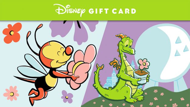 A playful cartoon bee from Epcot’s iconic garden displays wraps its arms around a vibrant flower, while the beloved Figment cradles a leafy plant; above them, “Disney Gift Card” gleams in whimsical lettering, capturing the enchanting spirit of an Epcot adventure.