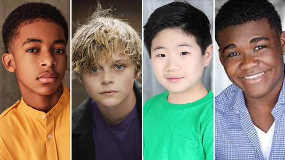 Isaiah Russell-Bailey from Disney+'s Crater and three other boys of diverse backgrounds, all posing for the camera in individual vertical panels, reminiscent of a casting lineup at a major entertainment event.