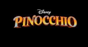The iconic Disney Pinocchio logo appears in bright, orange-yellow letters against a black background, evoking the enchanting atmosphere of Main Street U.S.A. and beloved Disney Parks attractions, reminiscent of magical moments found on Disney+ Pinocchio.