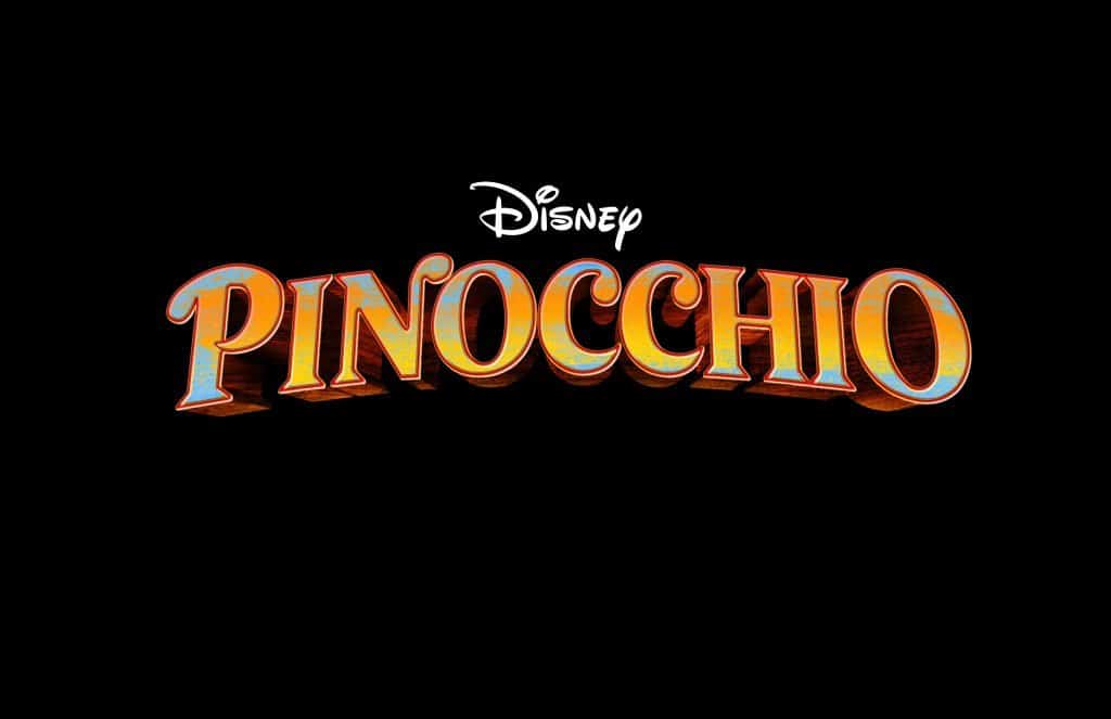 The iconic Disney Pinocchio logo appears in bright, orange-yellow letters against a black background, evoking the enchanting atmosphere of Main Street U.S.A. and beloved Disney Parks attractions, reminiscent of magical moments found on Disney+ Pinocchio.