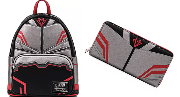 Falcon-inspired silver and black Marvel mini backpack and wallet with bold red accents and geometric detailing, perfect for Marvel fans visiting Avengers Campus or planning a heroic Disney Parks adventure. Spot these standout Falcon Loungefly pieces among the latest New Loungefly arrivals.
