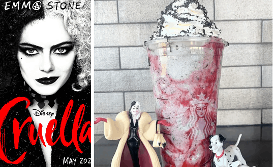 Cruella movie poster alongside the Starbucks Cruella Frappuccino, topped with whipped cream and Oreo crumbs, surrounded by Cruella-themed figurines—an Instagram-worthy treat found at Disney parks for fans of Disney villains.