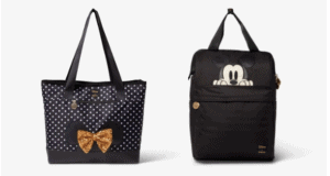 Disney-inspired accessories ready for your next adventure: a polka dot tote adorned with a shimmering gold bow and a black backpack starring Mickey Mouse’s iconic face—ideal for stashing park essentials and celebrating your love for classic characters during your visit.